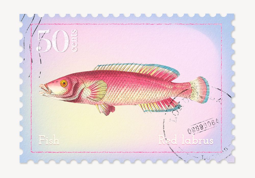 Pink fish postage stamp, animal collage element psd