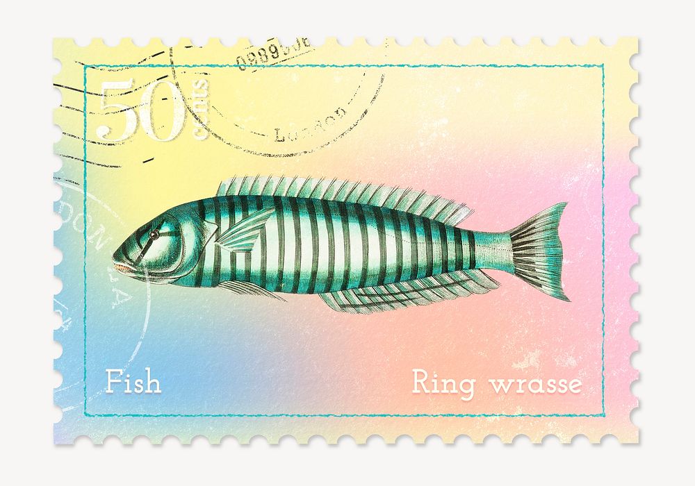 Green fish postage stamp, animal collage element psd