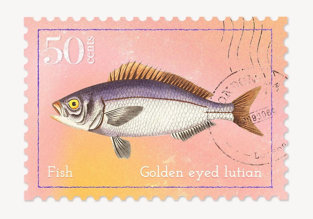 Fish postage stamp, animal collage element psd