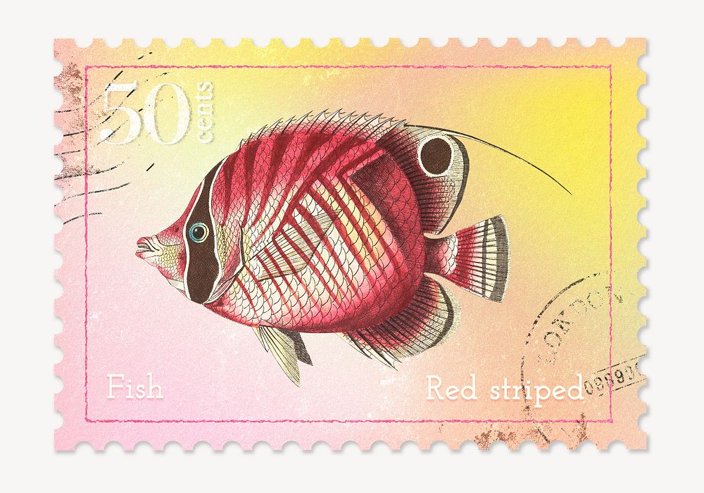 Fish postage stamp, animal collage element psd