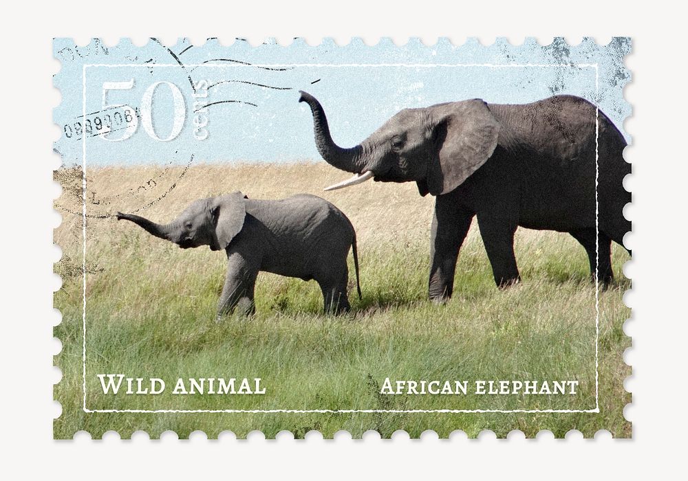 Elephant postage stamp, aesthetic animal graphic