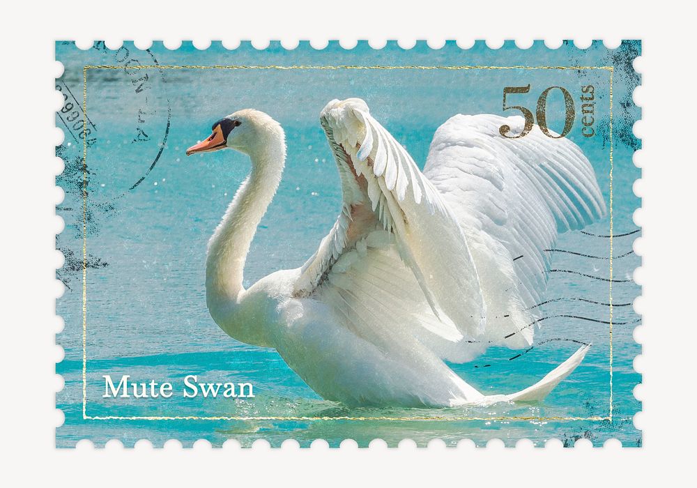 Swan postage stamp, animal collage element psd