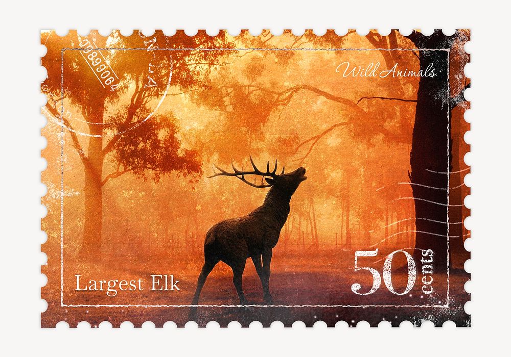 Reindeer postage stamp, animal collage element psd