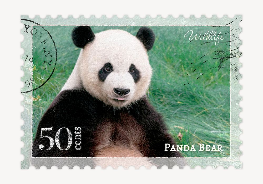 Panda postage stamp, animal collage element psd