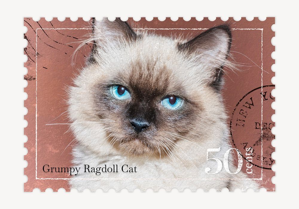 Cat postage stamp, animal collage element psd