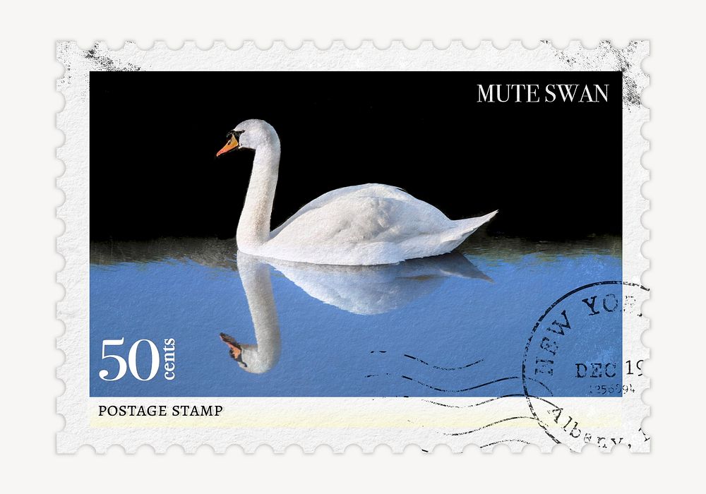 Swan postage stamp, animal collage element psd