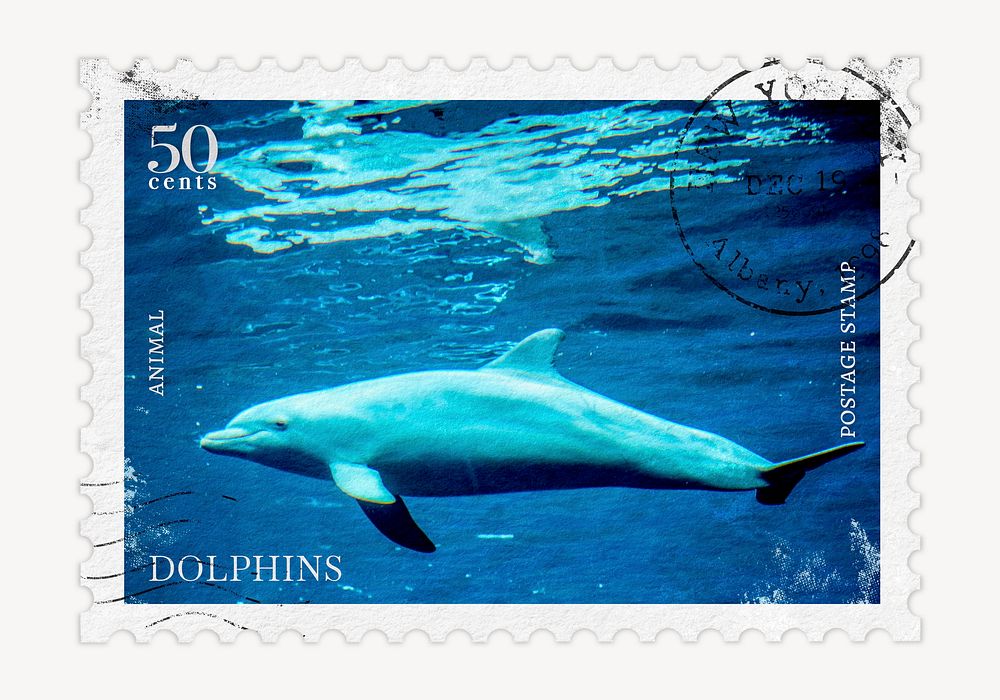 Dolphin postage stamp, animal collage element psd
