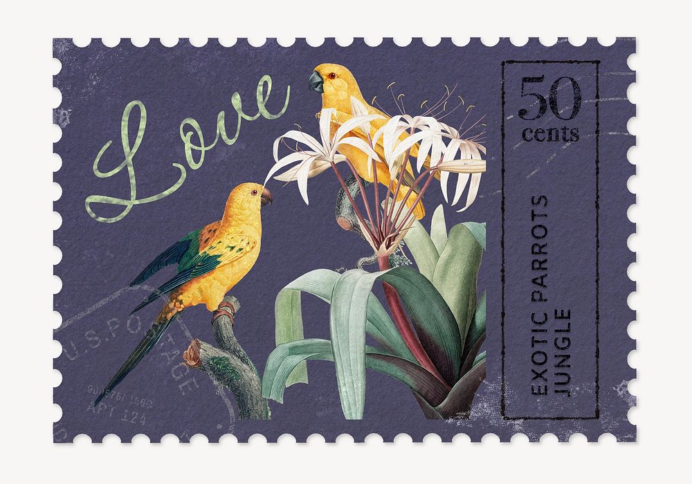 Parrots postage stamp, ephemera collage element psd