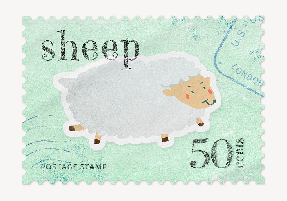 Sheep postage stamp, aesthetic animal illustration