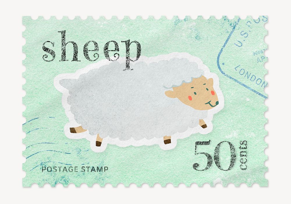 Sheep postage stamp, animal collage element psd