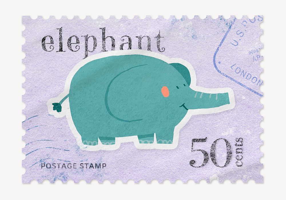 Elephant postage stamp, aesthetic animal illustration