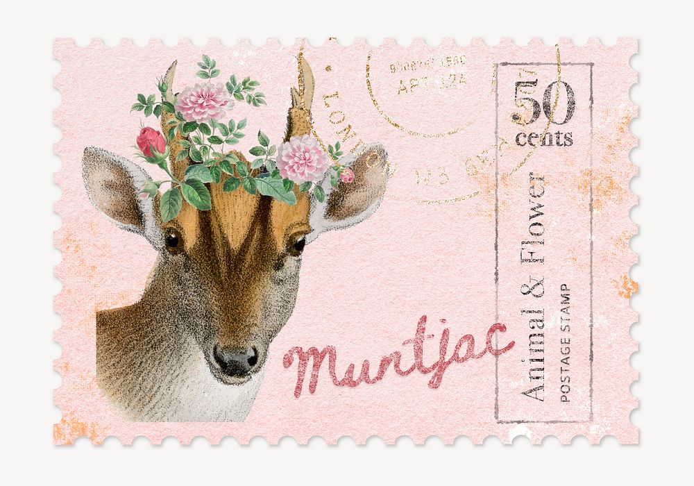 Vintage deer postage stamp, animal collage element psd
