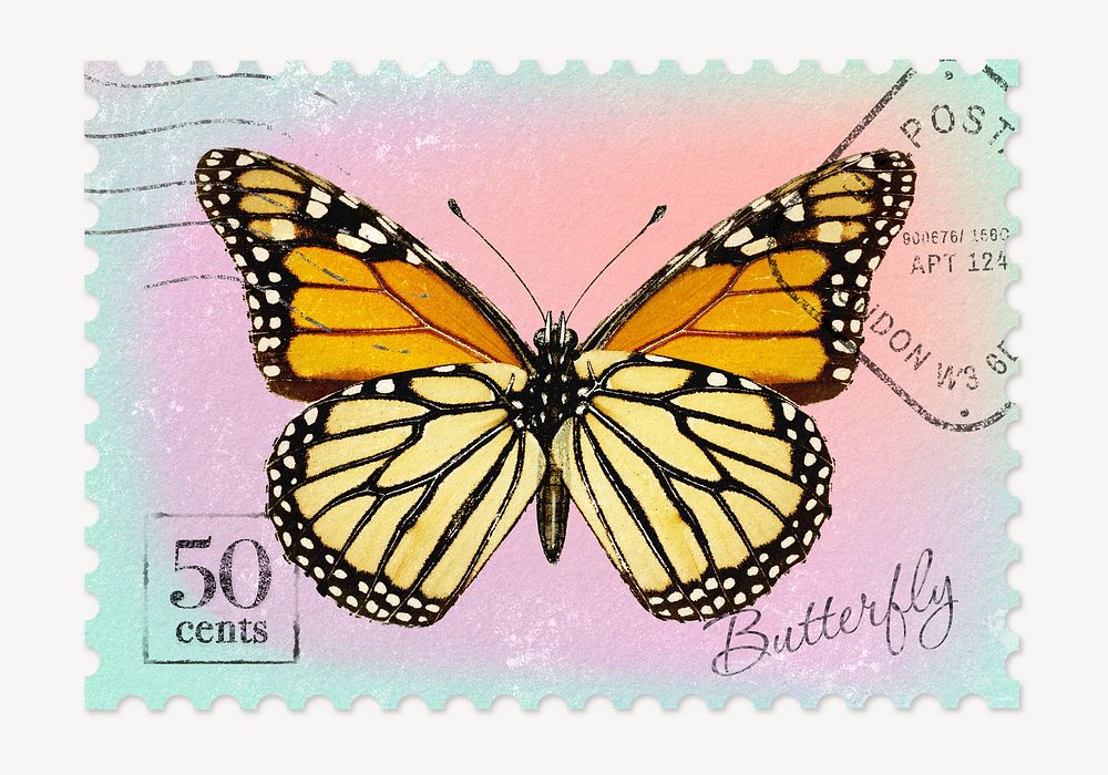 Butterfly postage stamp, animal collage element psd