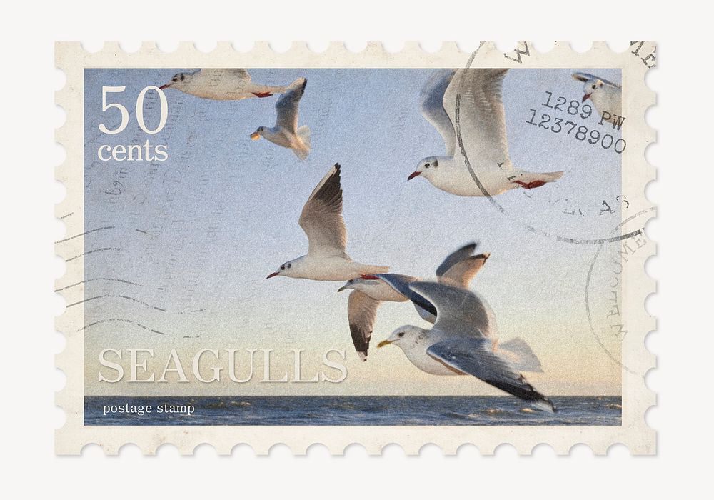 Seagulls postage stamp, animal collage element psd