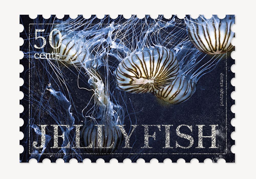 Jellyfish postage stamp, animal collage element psd