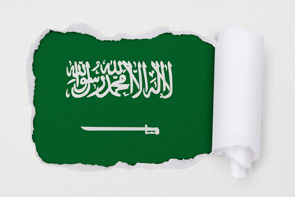 Flag of Saudi Arabia, ripped paper design on off white background