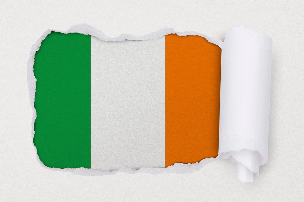Flag of Ireland, ripped paper design on off white background