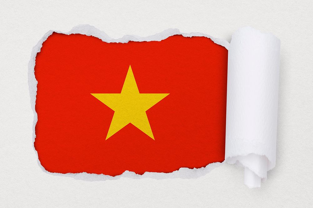Flag of Vietnam, ripped paper design on off white background