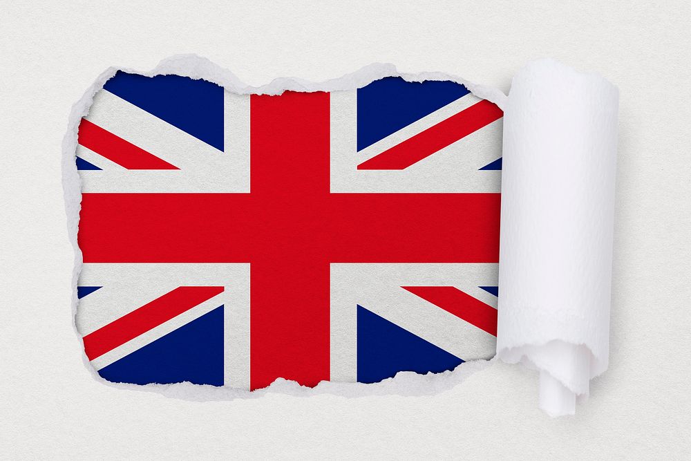 Flag of the United Kingdom, ripped paper design on off white background