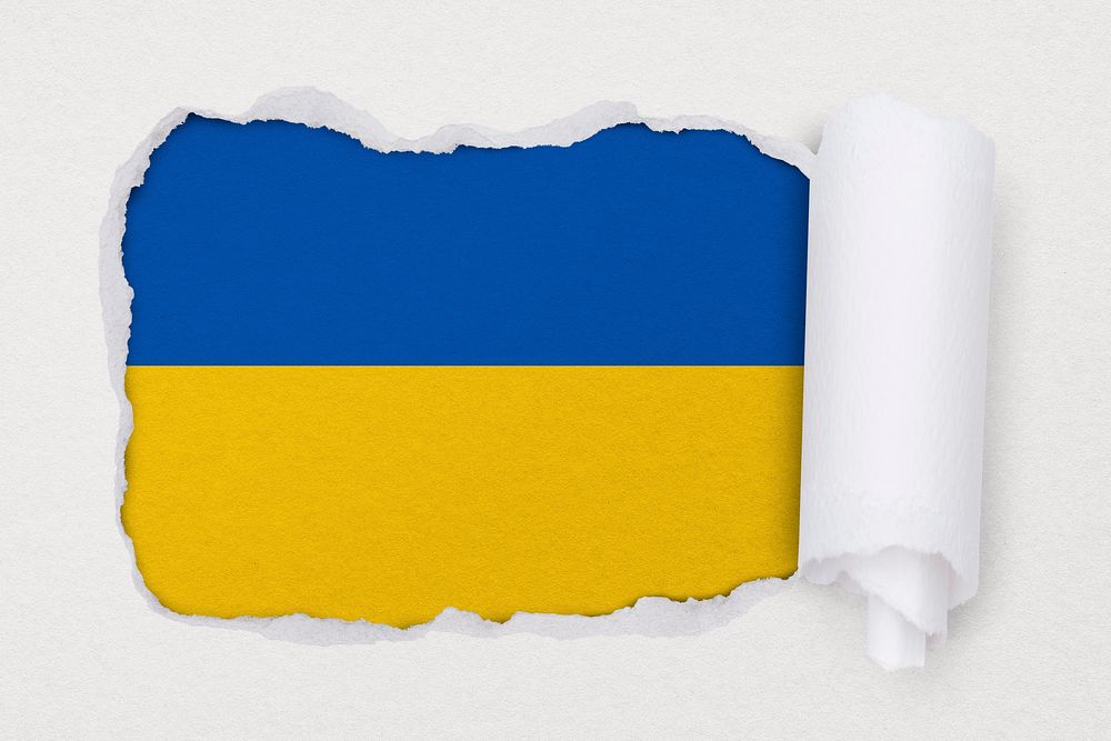 Ukrainian flag, ripped paper design on off white background