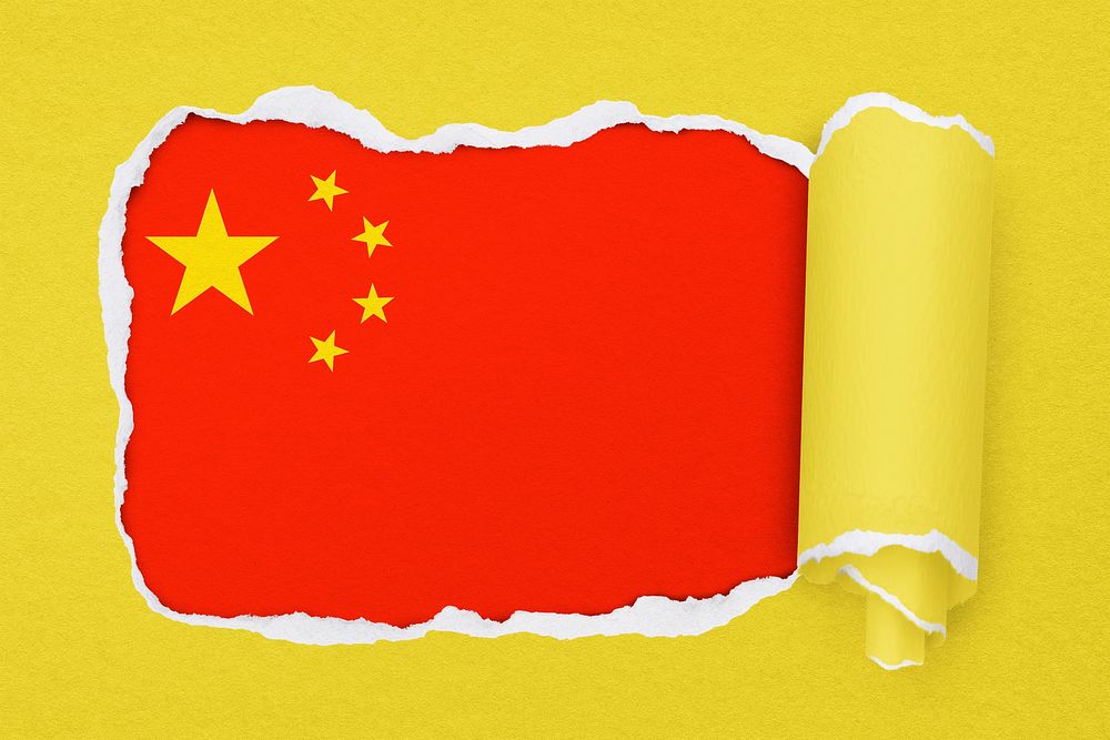 Chinese flag, torn paper design on yellow background