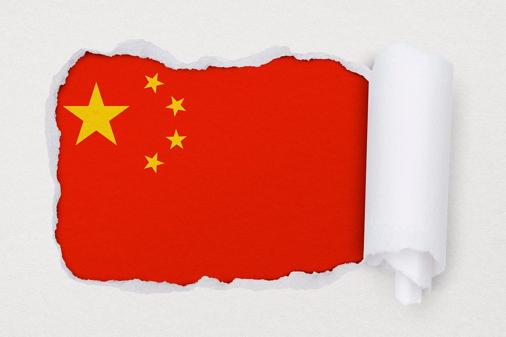 Chinese flag, ripped paper design on off white background