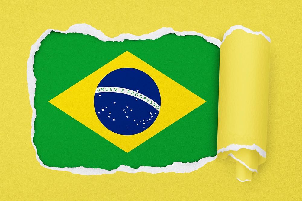 Brazilian flag, torn paper design on yellow background