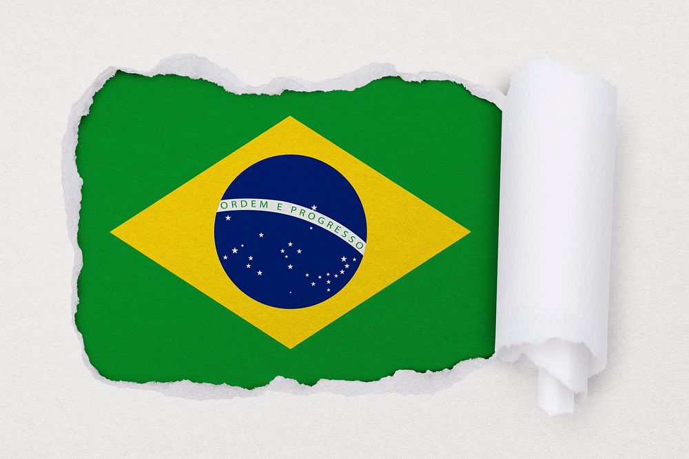 Brazilian flag, ripped paper design on off white background
