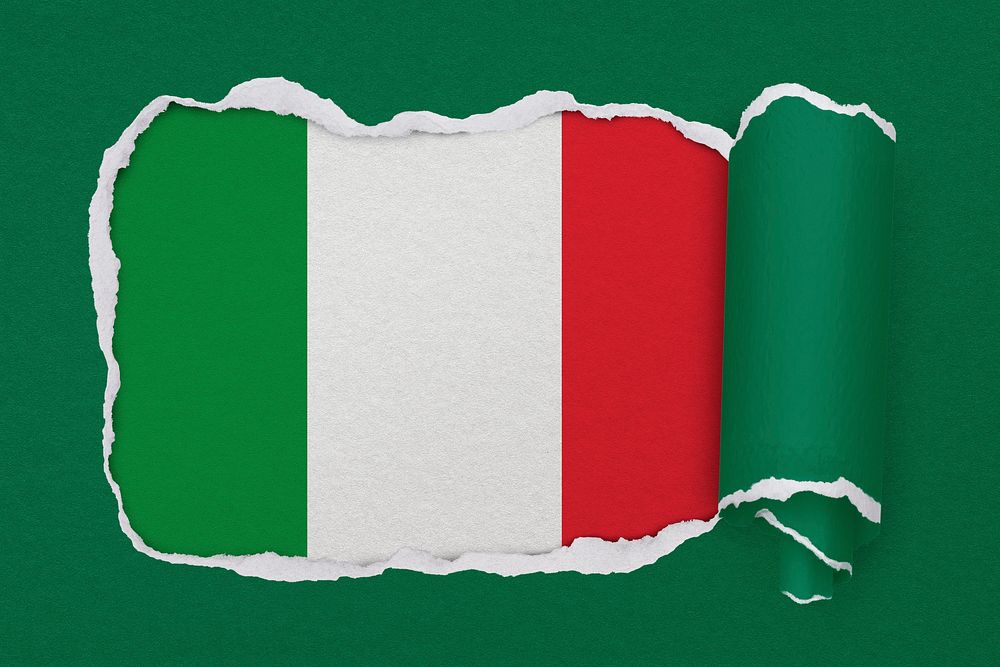 Italian flag, torn paper design on green background