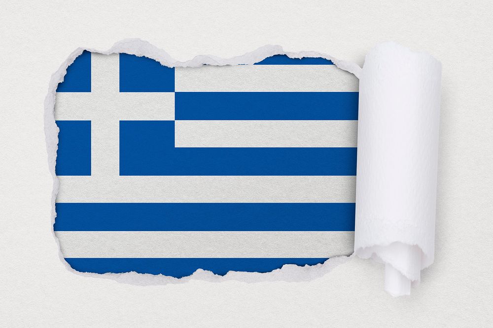 Flag of Greece, ripped paper design on off white background