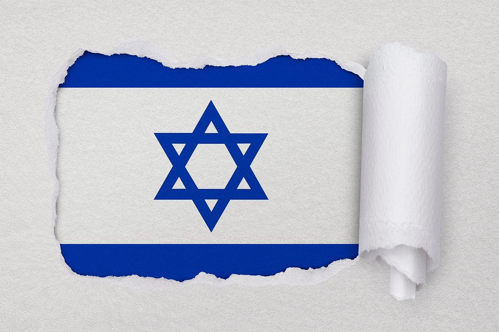 Flag of Israel, ripped paper design on off white background
