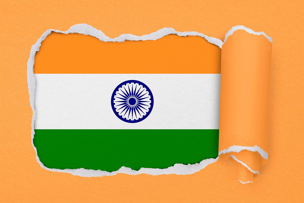 Flag of India, torn paper design on yellow background