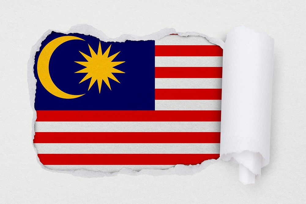 Flag of Malaysia, ripped paper design on off white background