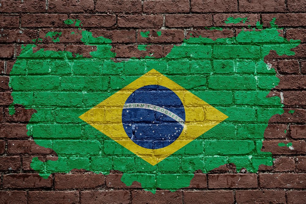 Brazil's flag, brown brick wall texture design