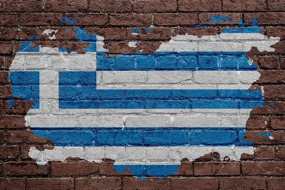 Greece's flag, brown brick wall texture design