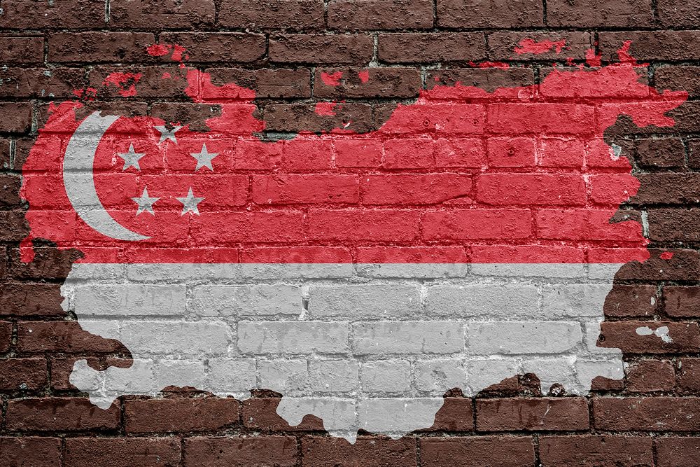 Singapore's flag, brown brick wall texture design
