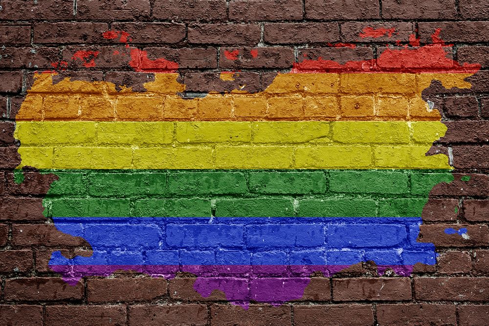 Rainbow flag, brown brick wall texture design