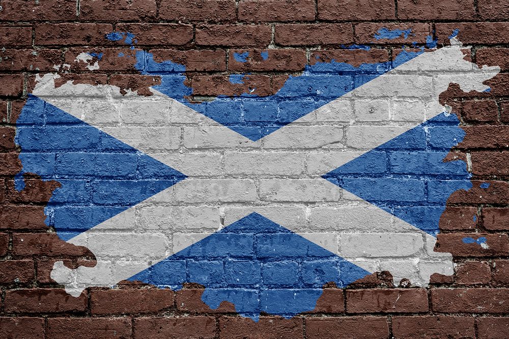 Scotland's flag, brown brick wall texture design