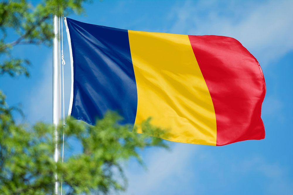 Romania flag, blue sky design