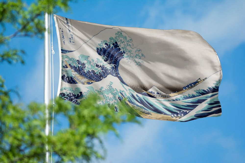 Great Wave off Kanagawa flag, blue sky design, remixed by rawpixel.