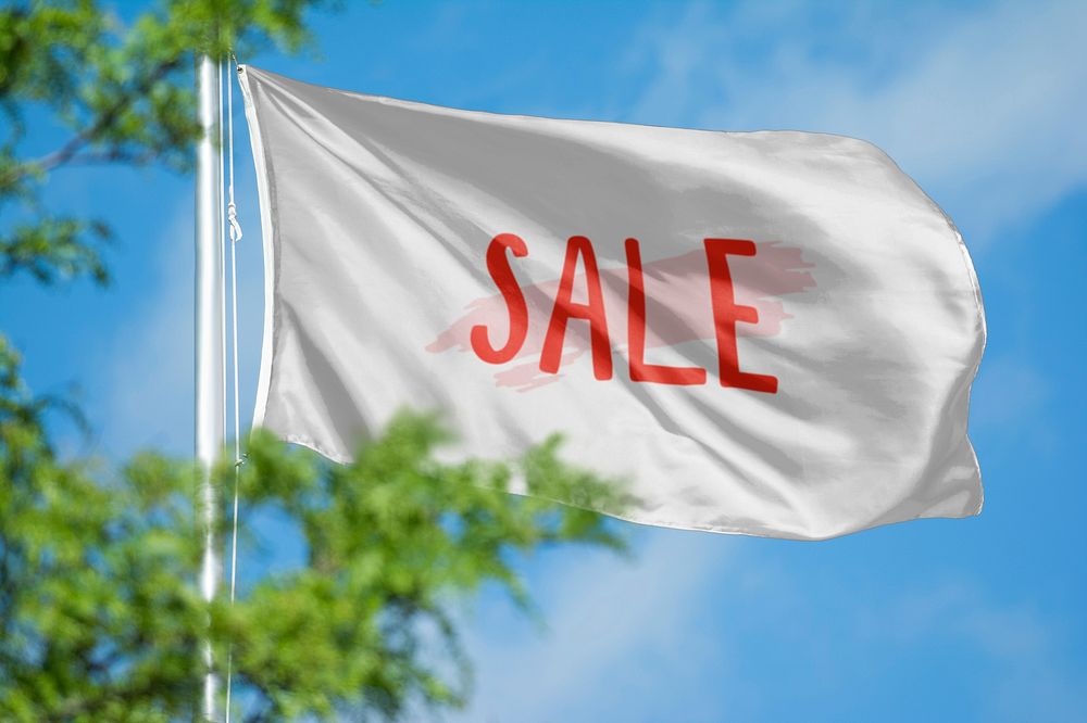 Sale word flag, blue sky, typography