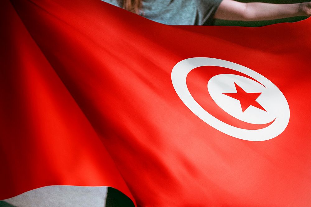 Person holding Tunisia flag background, national symbol