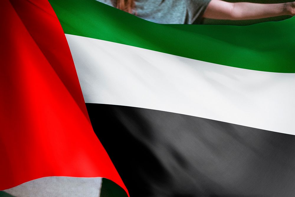 Person holding United Arab Emirates, UAE flag, national symbol