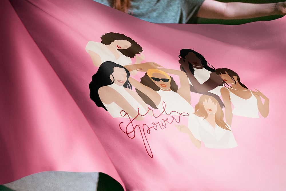 Person holding girl power flag background, Feminine style