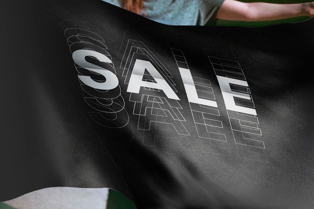 Person holding black sale flag, Font effect background