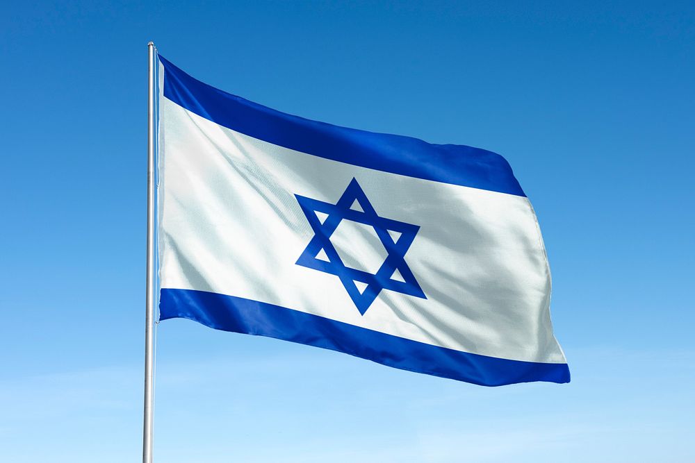 Waving Israel flag, national symbol, blue sky