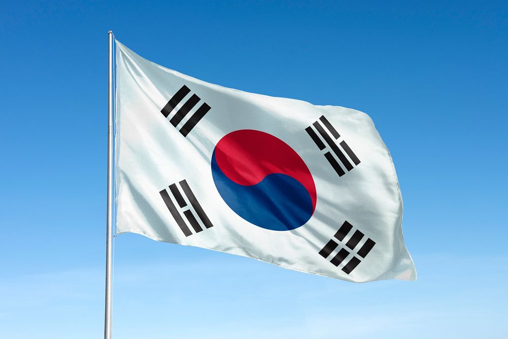 Waving South Korea flag, national symbol, blue sky