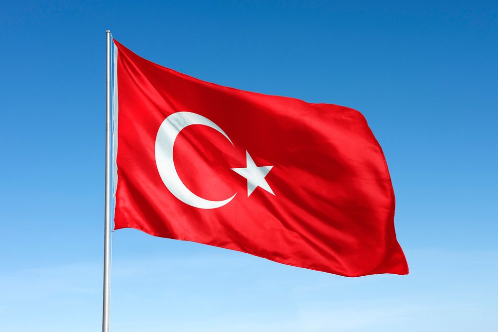 Waving Turkey flag, national symbol, blue sky