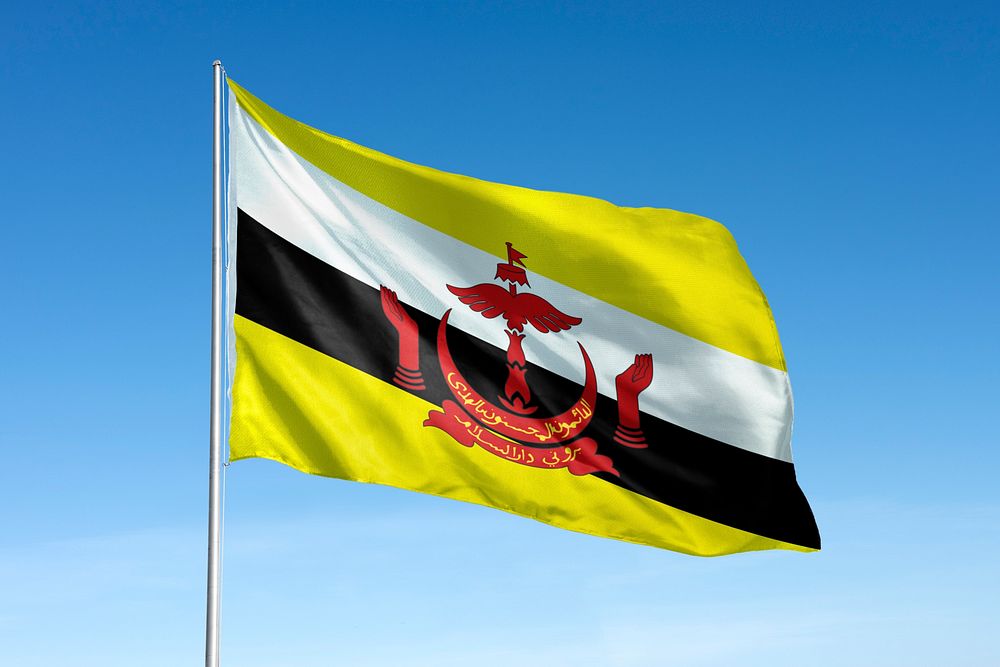 Waving Brunei flag, national symbol, blue sky