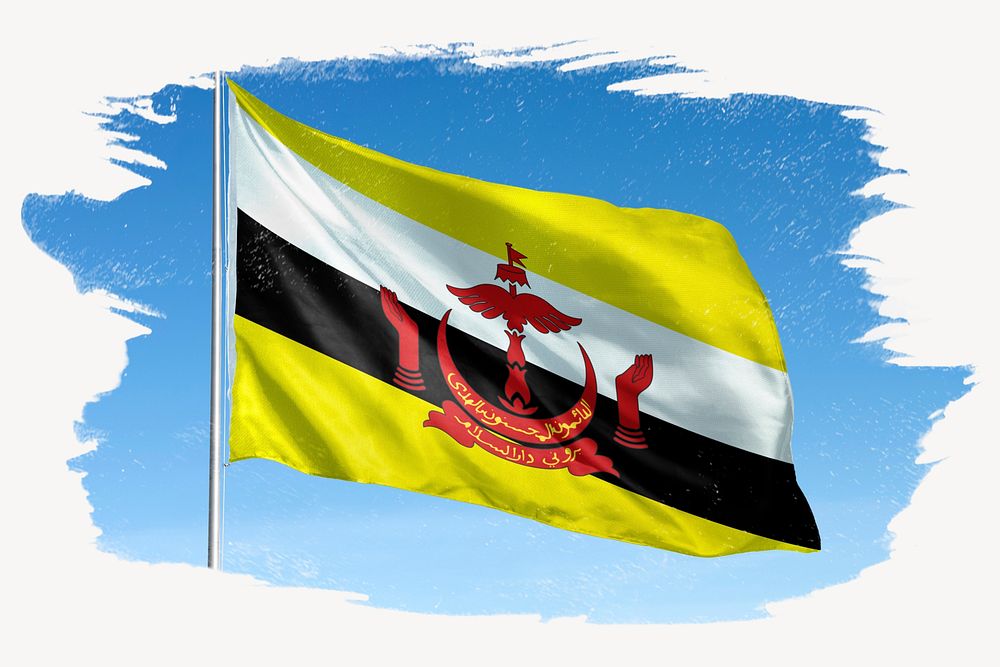 Waving Brunei flag, brush stroke, national symbol graphic